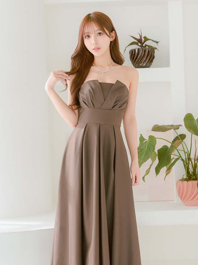 バストタック エレガント プリーツ 2way ベアトップ ウエストマーク ワンカラー キャミソール Aラインロングドレス