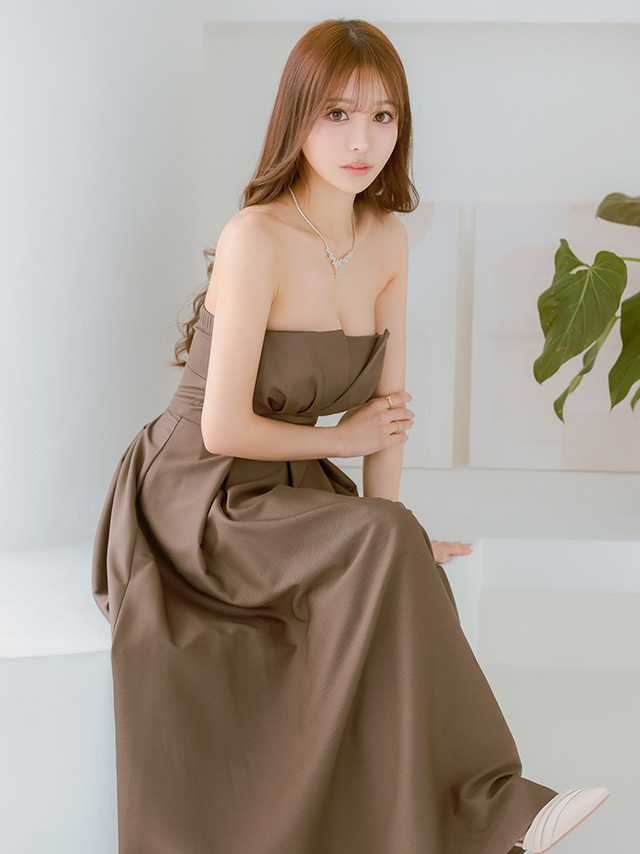 バストタック エレガント プリーツ 2way ベアトップ ウエストマーク ワンカラー キャミソール Aラインロングドレス