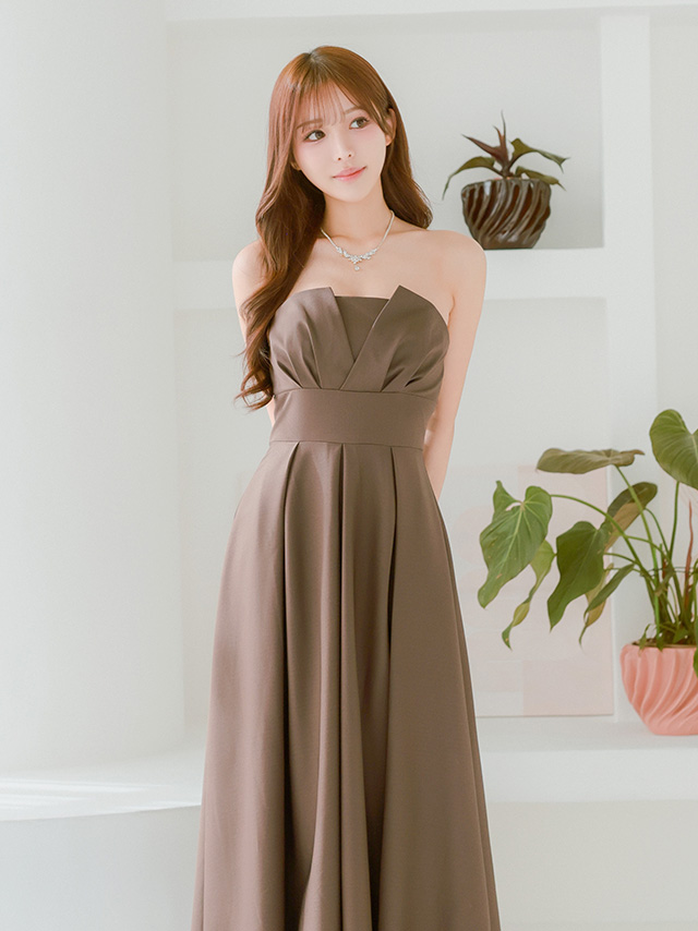 バストタック エレガント プリーツ 2way ベアトップ ウエストマーク ワンカラー キャミソール Aラインロングドレス