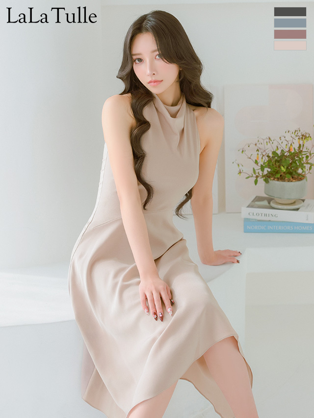 ネックデザイン アシンメトリー ワンカラー ノースリーブ 膝丈ドレス