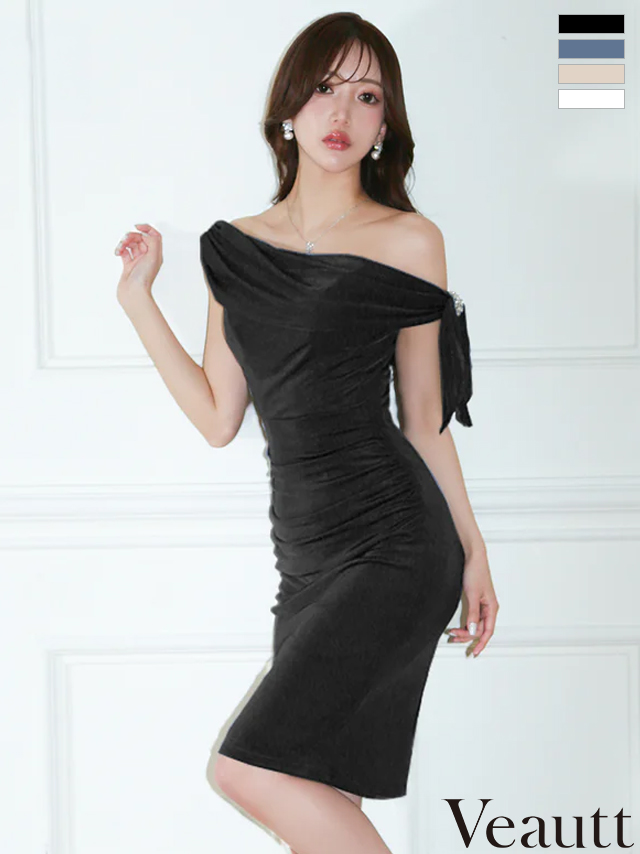 ビジュー ワンカラー エレガント ワンショルダー ドレープ　タイト 膝丈ドレス