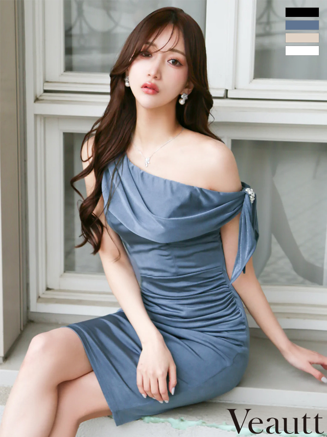 ビジュー ワンカラー エレガント ワンショルダー ドレープ　タイト 膝丈ドレス