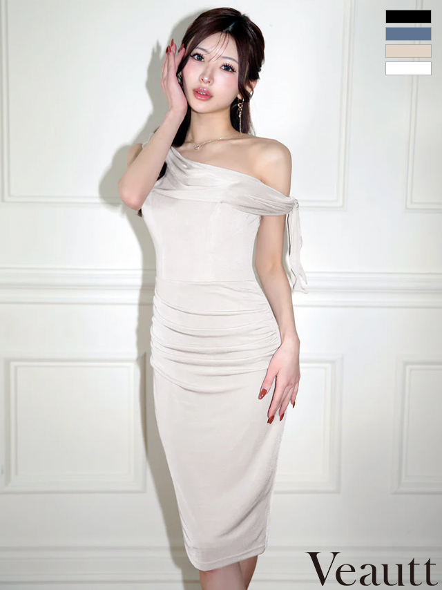 ビジュー ワンカラー エレガント ワンショルダー ドレープ　タイト 膝丈ドレス