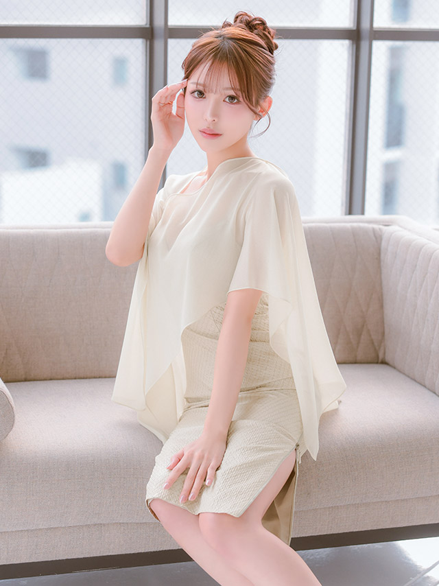 オープンショルダー ジップデザイン シフォンケープ 2way キャミソール 膝丈ドレス