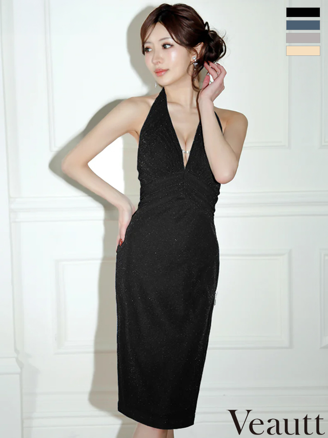 ホルターネック Vカット ビジューチェーン タック バックオープンデザイン ジップデザイン ラメ タイト 膝丈ドレス