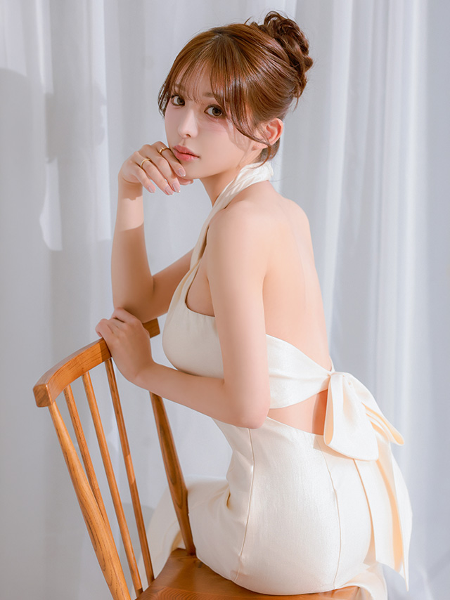 バックオープン ワンカラー バックリボン クロスデザイン ホルターネック マーメイドロングドレス