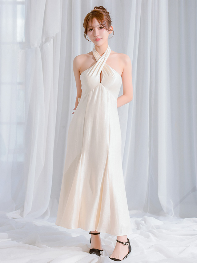 バックオープン ワンカラー バックリボン クロスデザイン ホルターネック マーメイドロングドレス