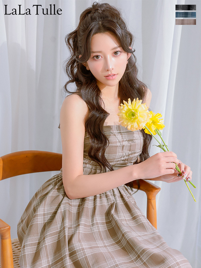 フレア 2way ベアトップ キャミソール ギャザー チェック柄 膝丈ドレス