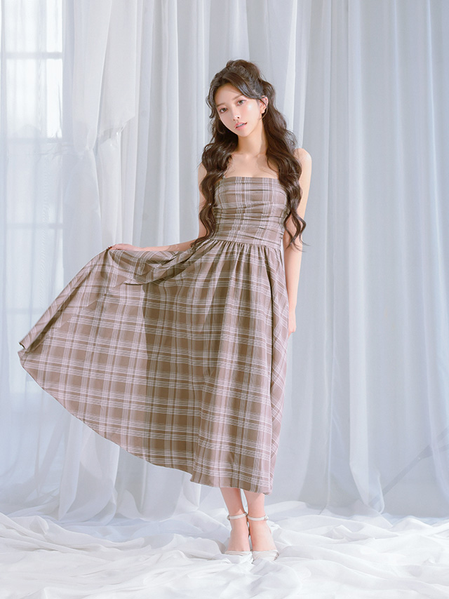 フレア 2way ベアトップ キャミソール ギャザー チェック柄 膝丈ドレス