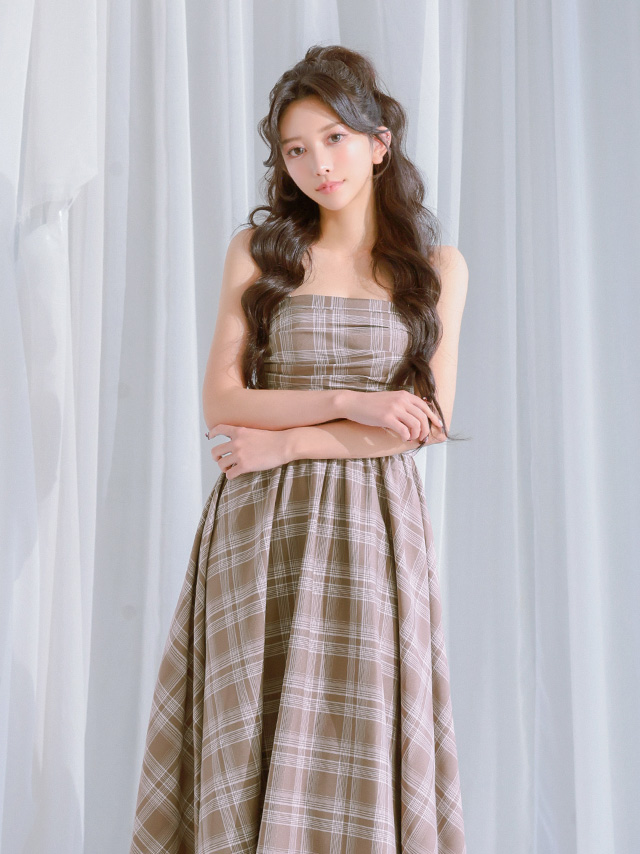 フレア 2way ベアトップ キャミソール ギャザー チェック柄 膝丈ドレス
