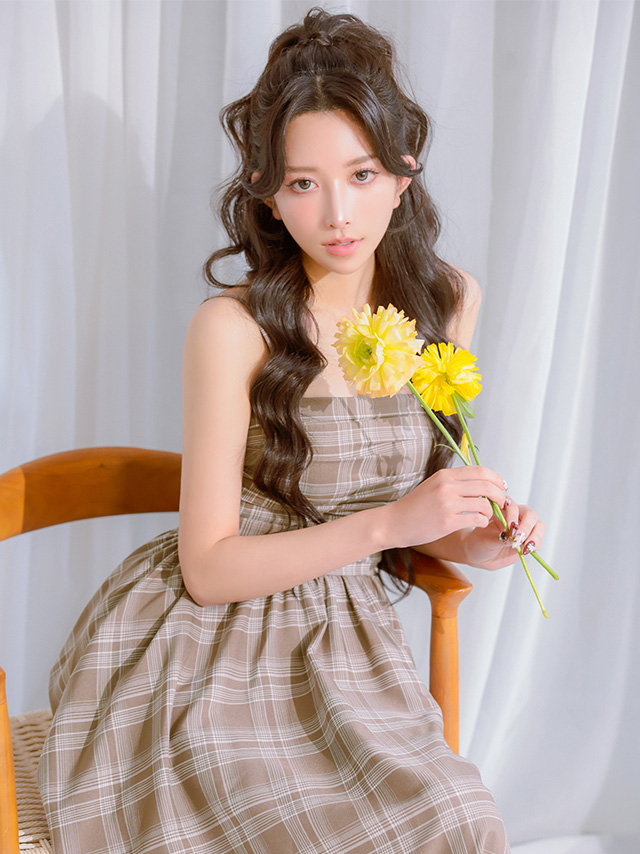 フレア 2way ベアトップ キャミソール ギャザー チェック柄 膝丈ドレス