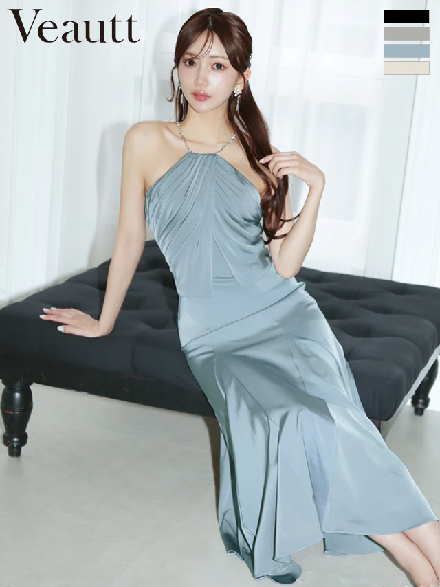 ホルターネック ビジューチェーン ドレープ フレア 膝丈ドレス