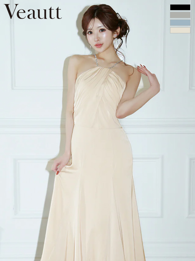 ホルターネック ビジューチェーン ドレープ フレア 膝丈ドレス