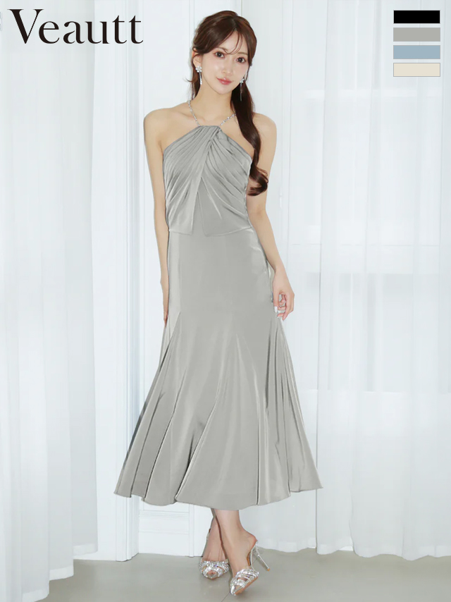 ホルターネック ビジューチェーン ドレープ フレア 膝丈ドレス