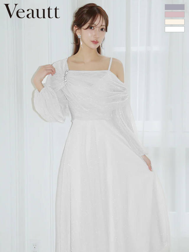 長袖 アシンメトリーデザイン ドレープ ビジュー ラメ フレア 膝丈ドレス