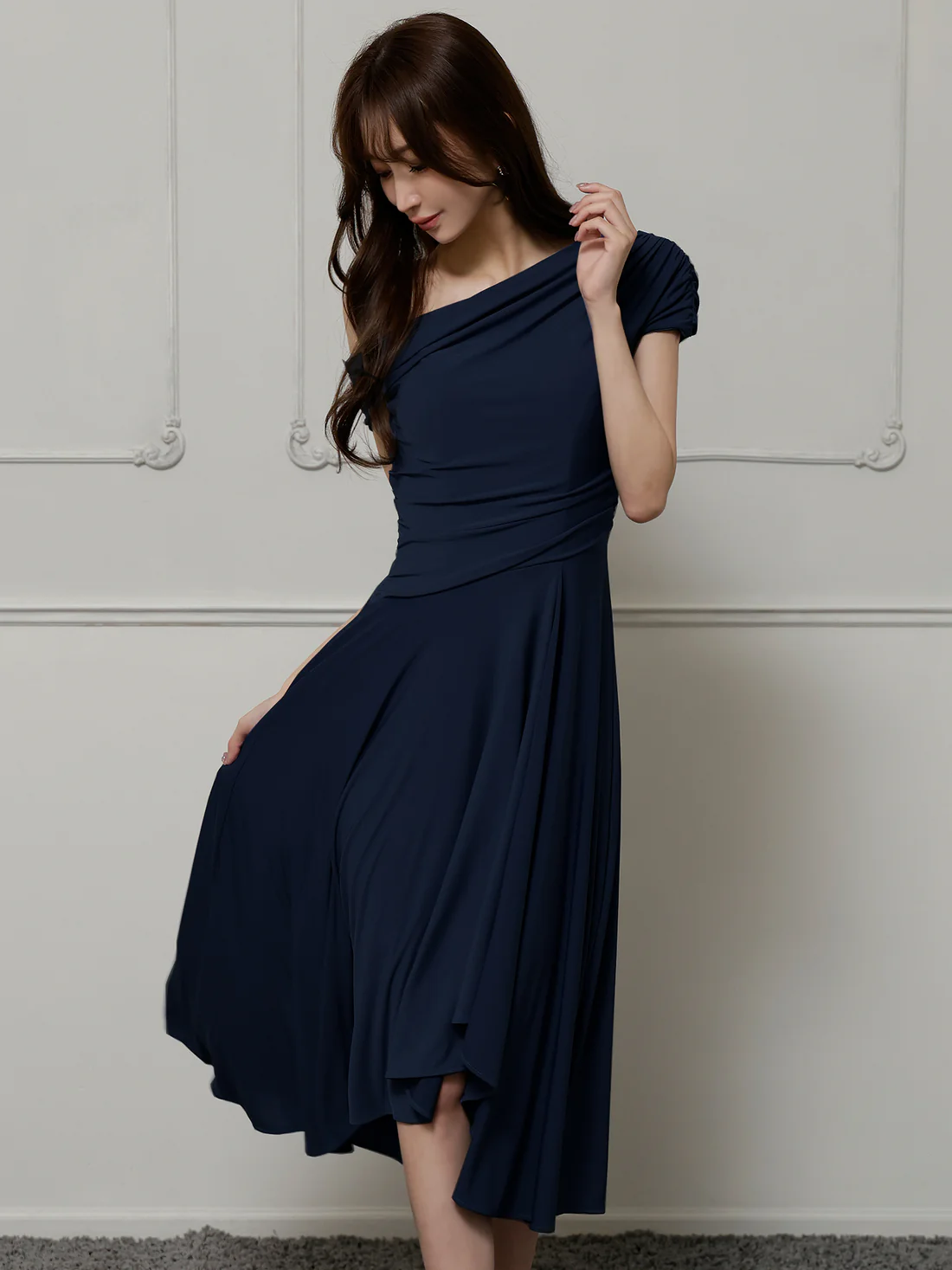 ワンショルダー エレガント アシンメトリー ドレープ Aラインロングドレス