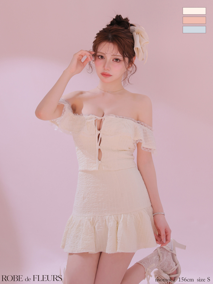 オフショルダー セットアップ シフォン ガーリー リボン レース フレアミニドレス
