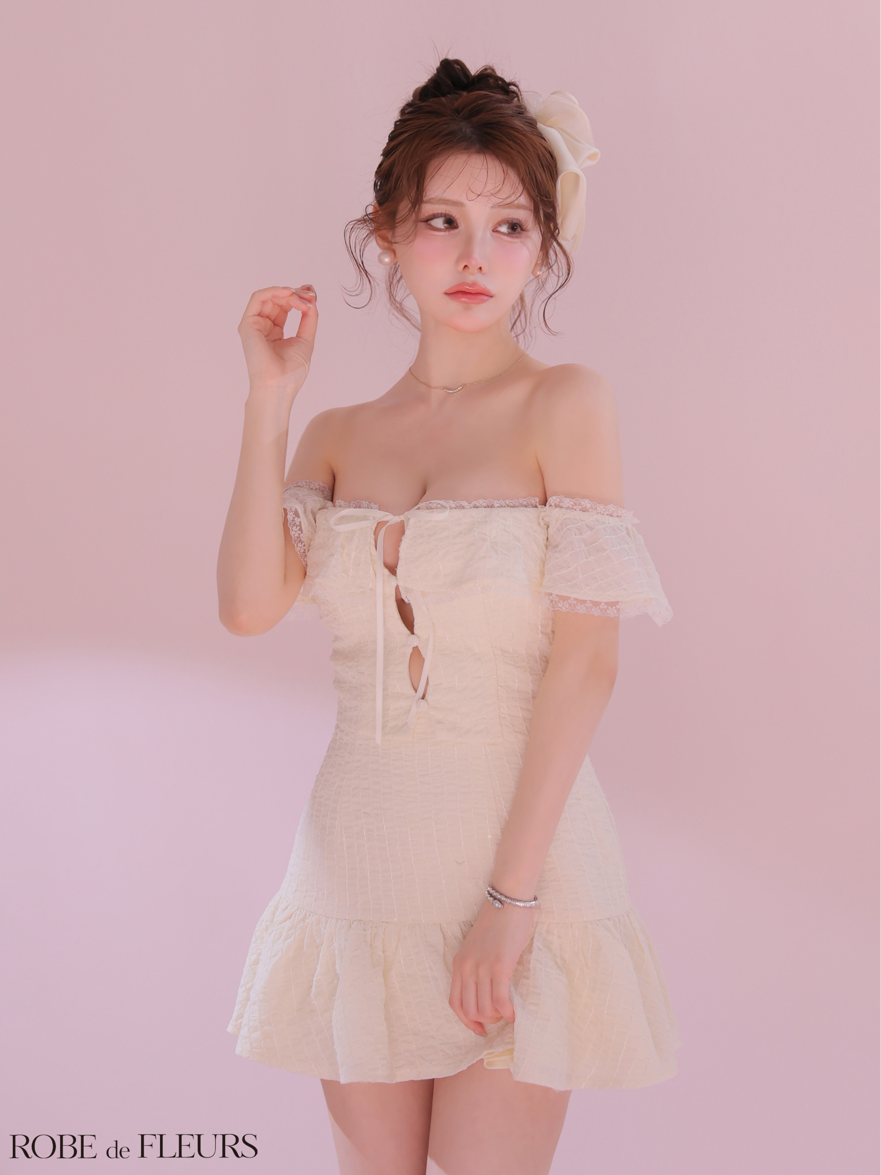オフショルダー セットアップ シフォン ガーリー リボン レース フレアミニドレス