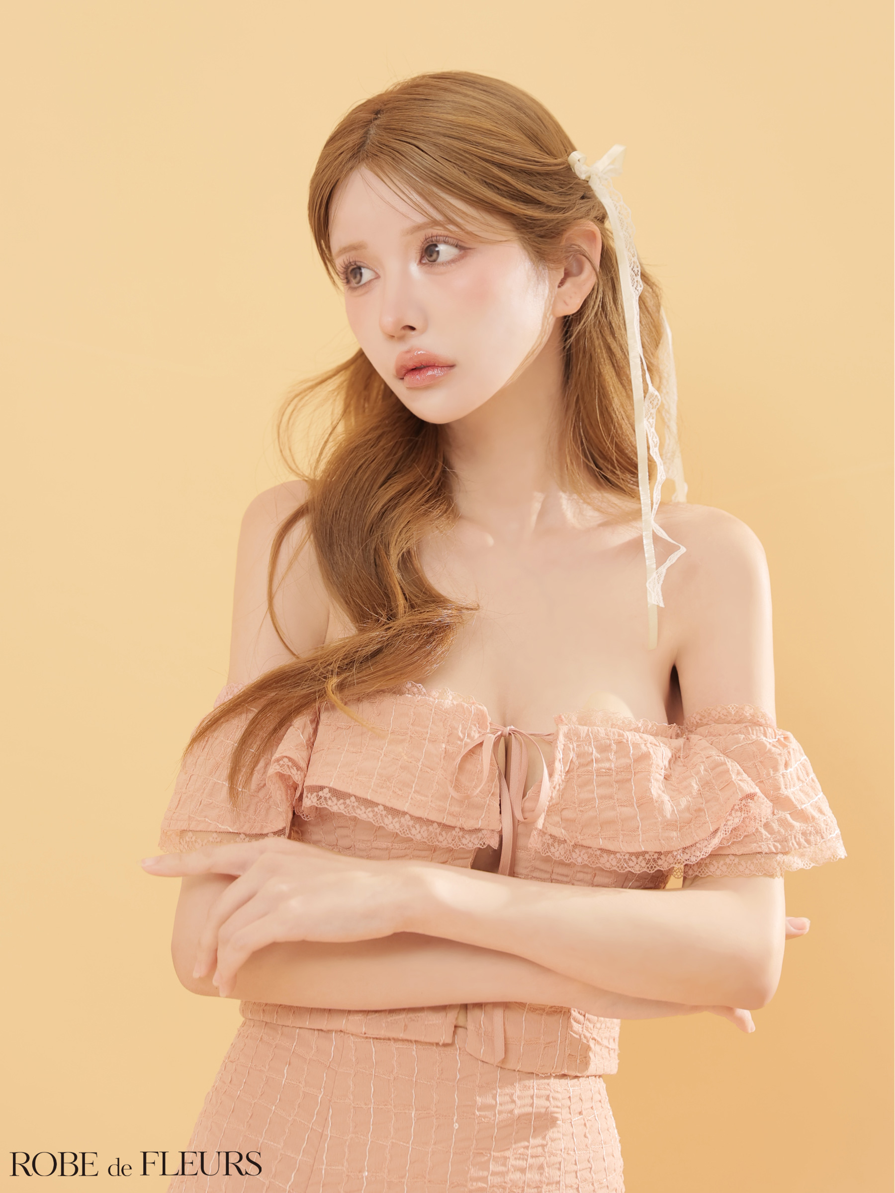 セットアップ シフォン オフショルダー ガーリー リボン レース フレアミニドレス
