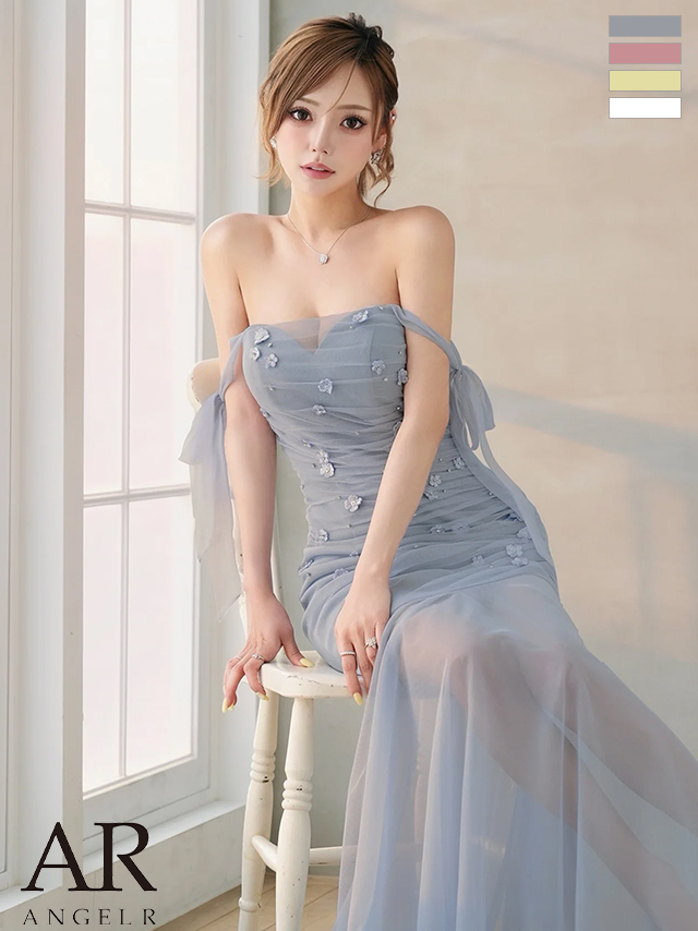 2way ショルダーリボン オフショルダー 立体フラワー ビジュー シャーリングシフォン マーメイドロングドレス