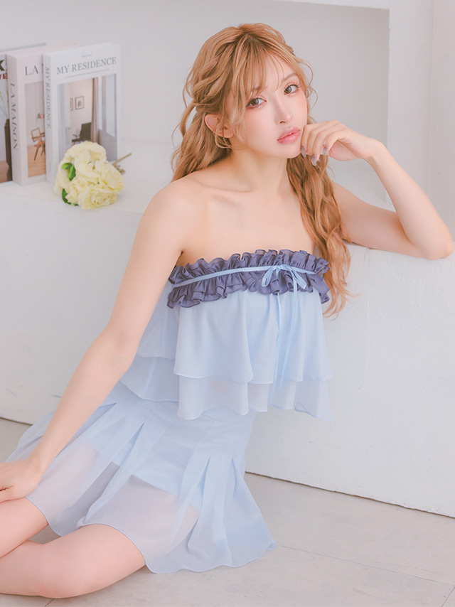 シフォン リボン フリル ベアトップ セットアップ シアー フェミニン フレアミニドレス