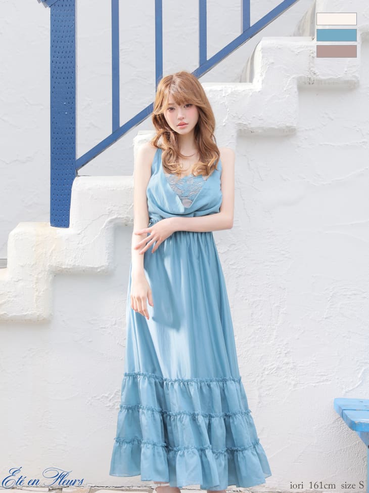 ノースリーブ ドレープ レース シャーリング シフォン ティアード Aラインロングドレス