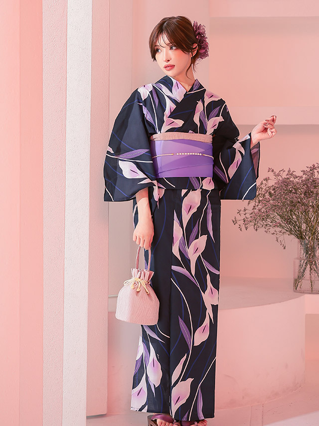 濃紺 菖蒲の花 パープル ゆかた2点SET [浴衣+平帯or作り帯]