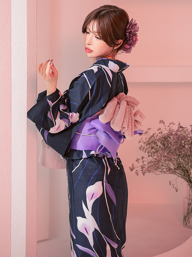 濃紺 菖蒲の花 パープル ゆかた2点SET [浴衣+平帯or作り帯]