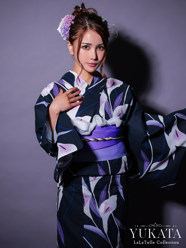 濃紺 菖蒲の花 パープル ゆかた2点SET [浴衣+平帯or作り帯]
