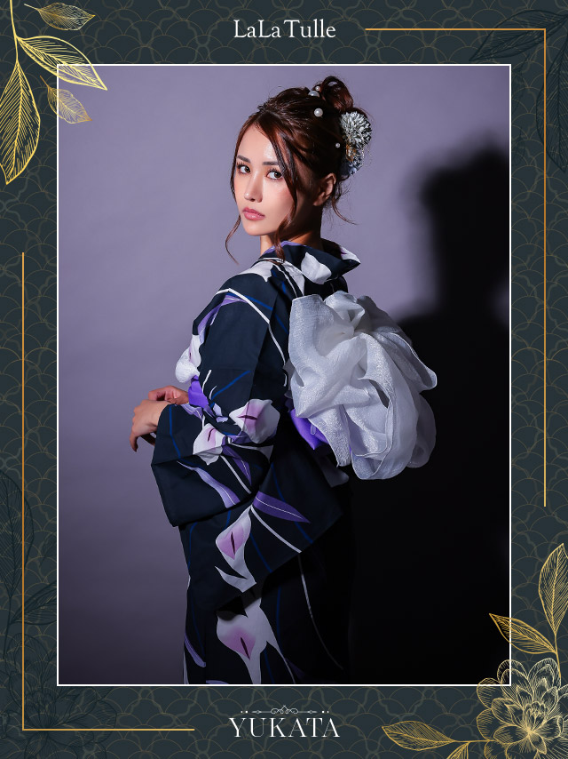 濃紺 菖蒲の花 パープル ゆかた2点SET [浴衣+平帯or作り帯]