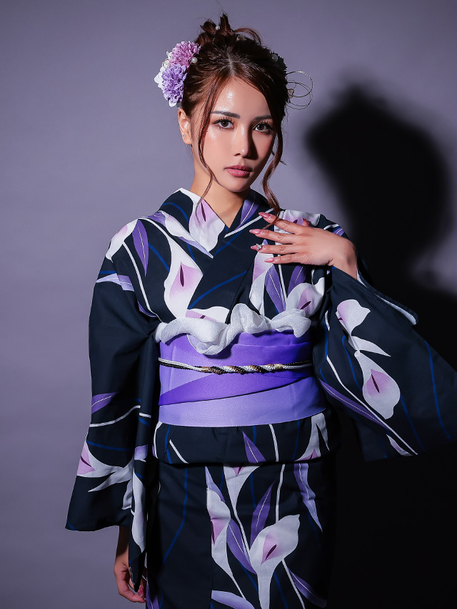 濃紺 菖蒲の花 パープル ゆかた2点SET [浴衣+平帯or作り帯]