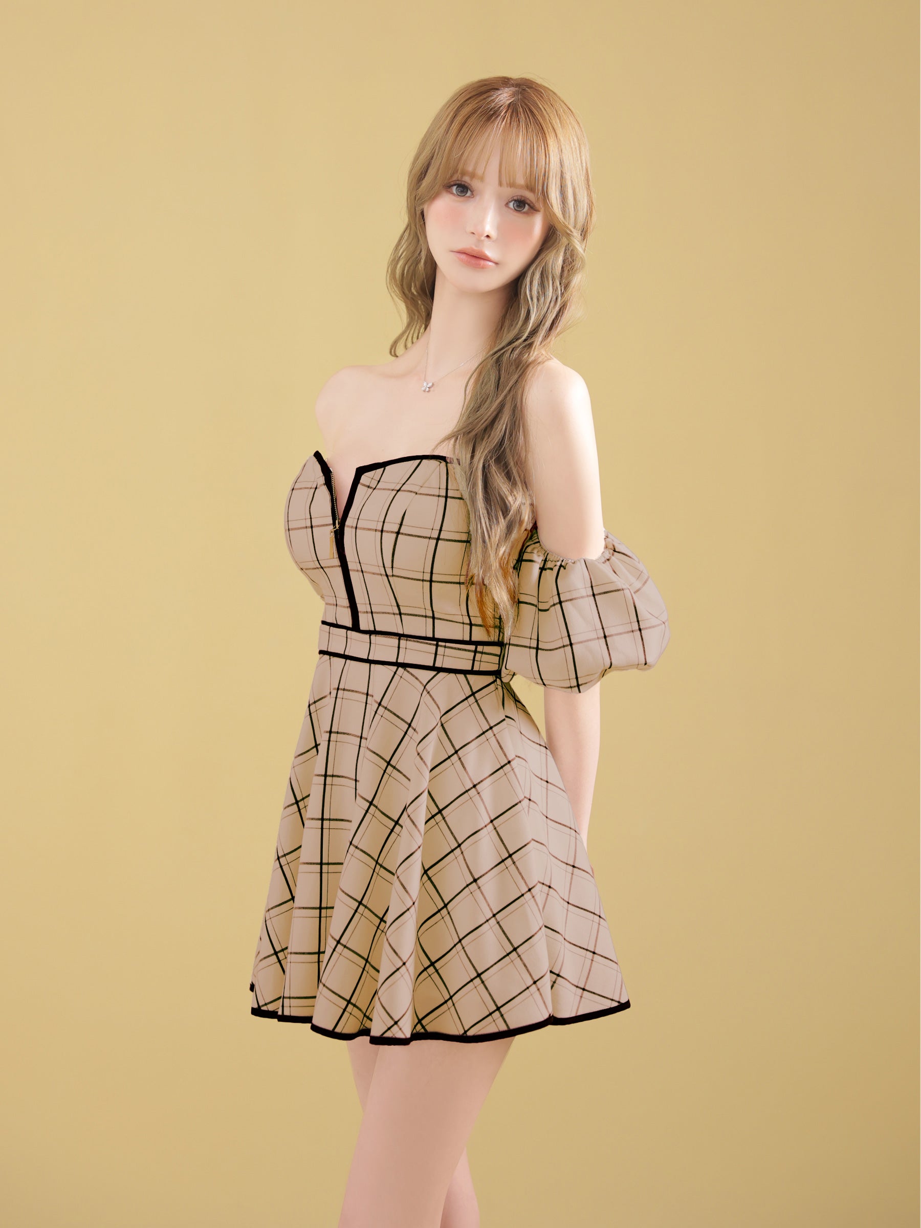 2way オフショルダー ベアトップ ジップデザイン チェック柄 フレアミニドレス