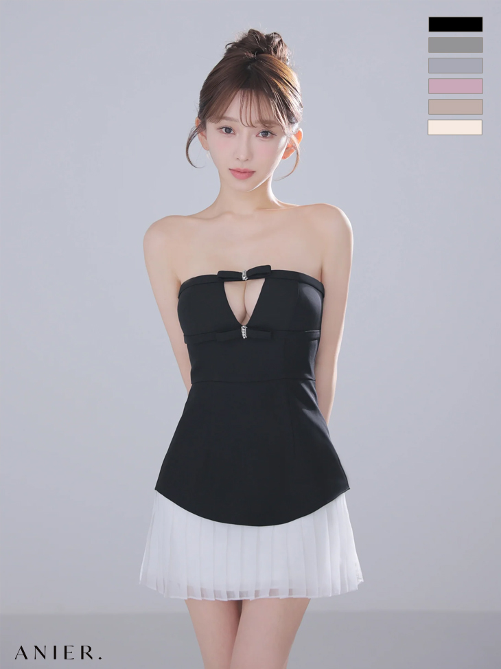 ベアトップ ビジューリボン バストカット シフォンプリーツ ドッキング フレアミニドレス