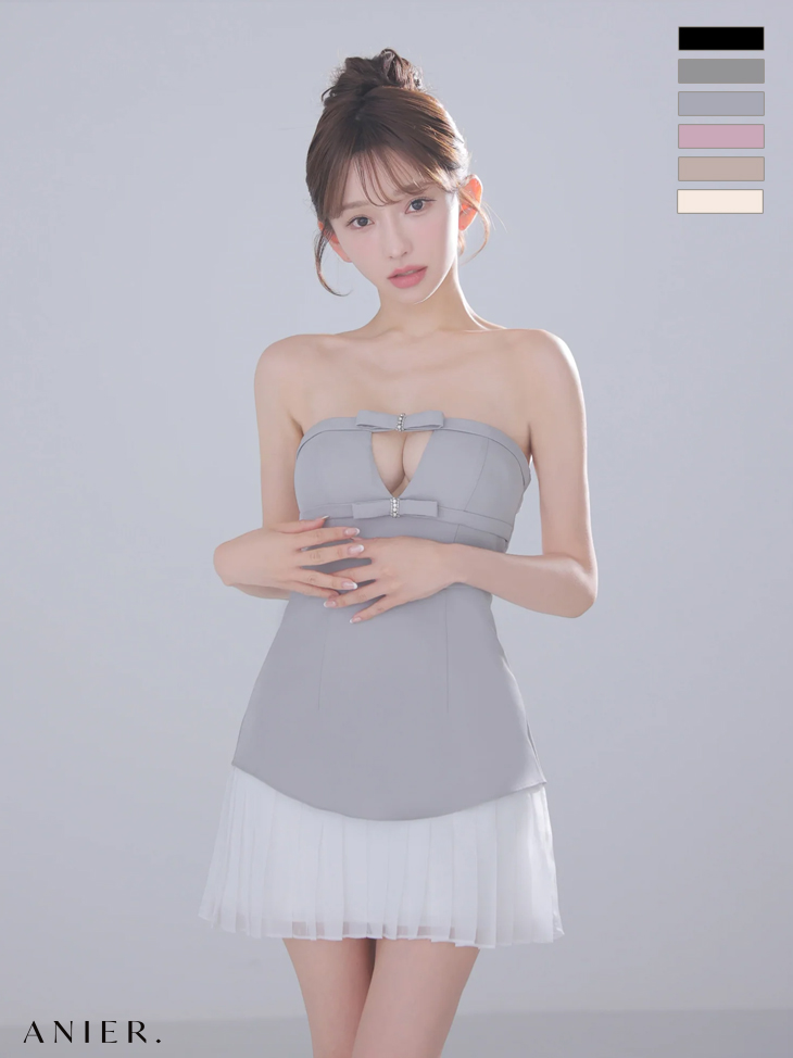 ベアトップ ビジューリボン バストカット シフォンプリーツ ドッキング フレアミニドレス