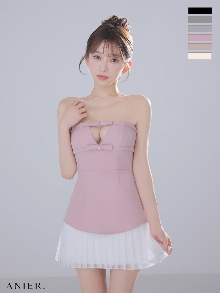 ベアトップ ビジューリボン バストカット シフォンプリーツ ドッキング フレアミニドレス