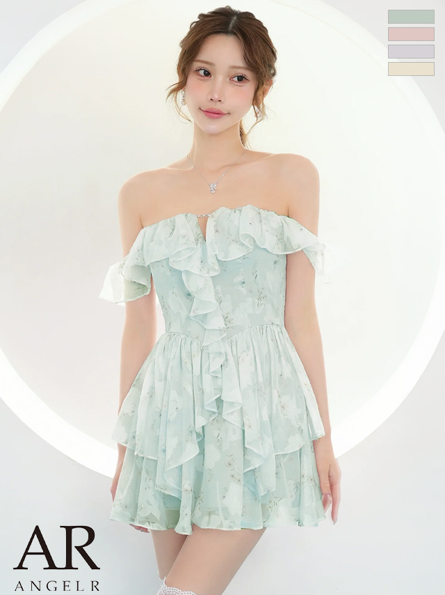 2way オフショルダー 肩あき バストカット ラメ フリル 花柄 フレアミニドレス