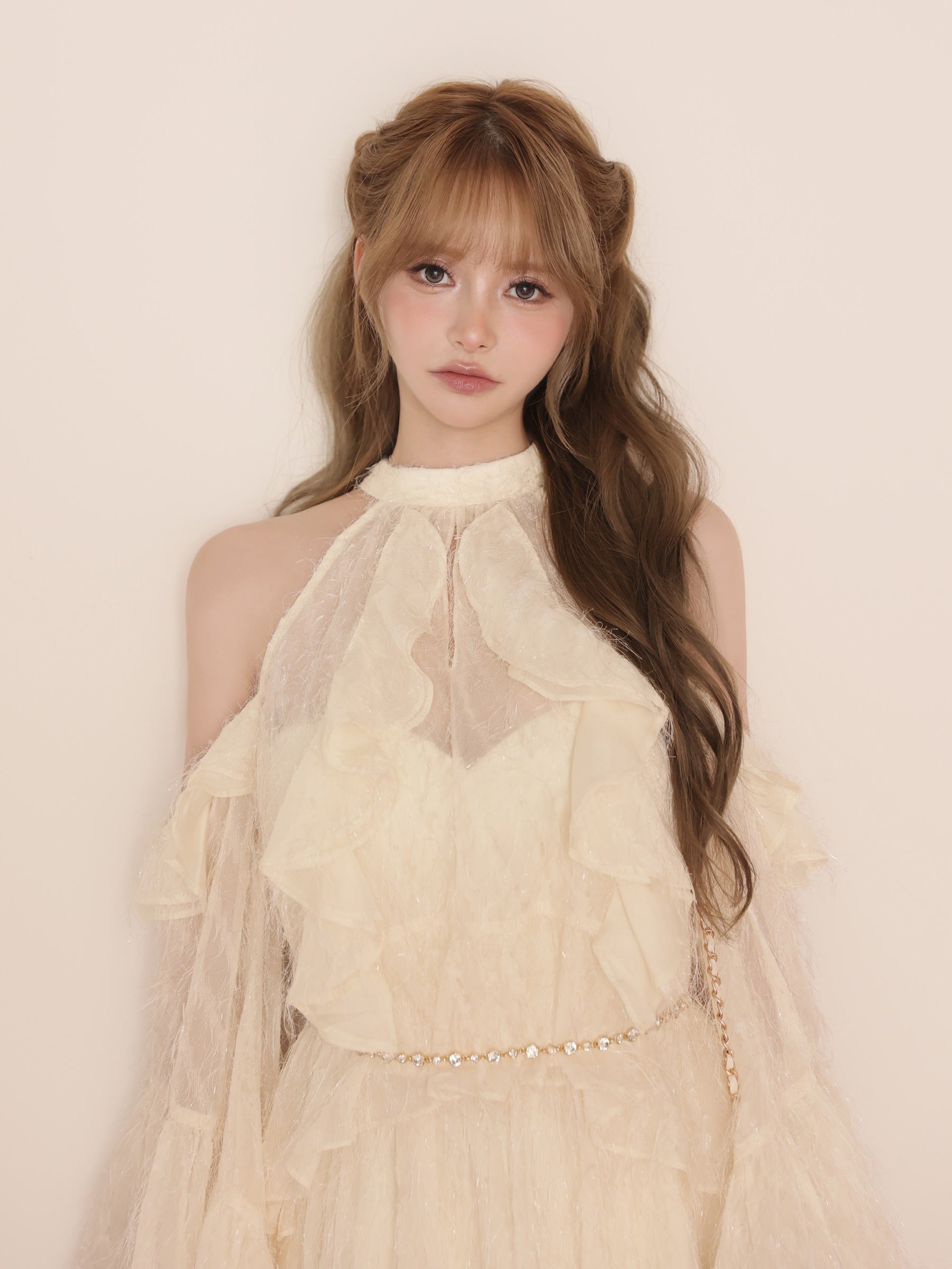 2way ホルターネック リボン プリーツシフォン セットアップ フレアミニドレス
