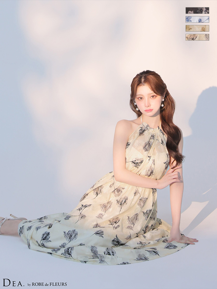シフォン サテン 花柄 フラワージャガード シフォン バックオープン ホルターネック Aラインロングドレス
