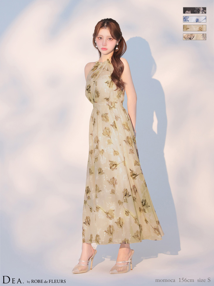 シフォン サテン 花柄 フラワージャガード シフォン バックオープン ホルターネック Aラインロングドレス