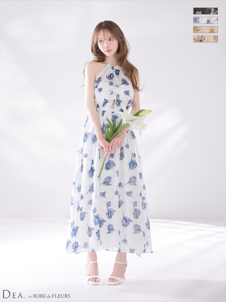 シフォン サテン 花柄 フラワージャガード シフォン バックオープン ホルターネック Aラインロングドレス