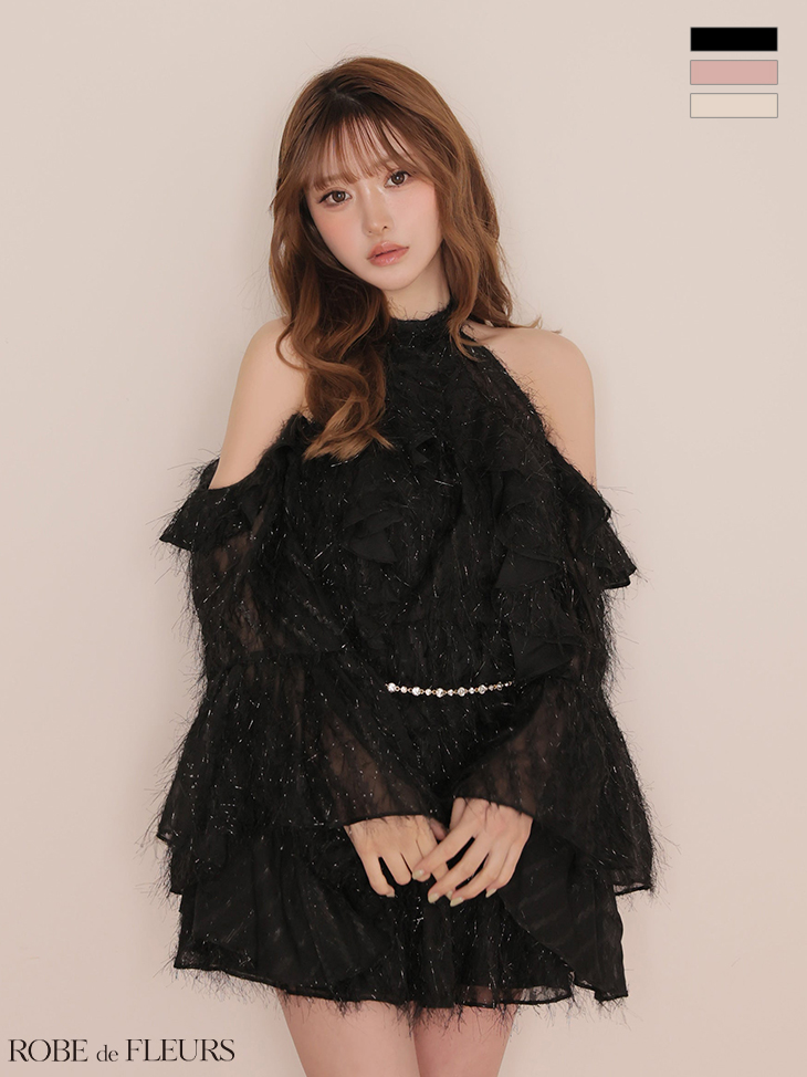 2way ホルターネック リボン プリーツシフォン セットアップ フレアミニドレス