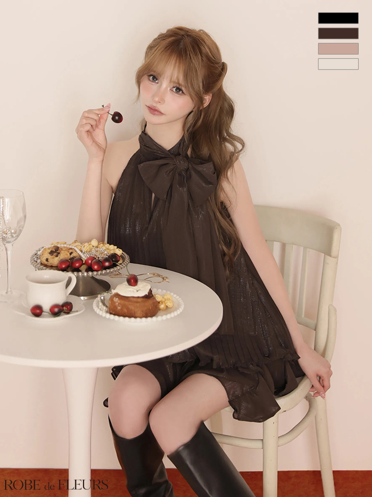 2way ホルターネック リボン プリーツシフォン セットアップ フレアミニドレス