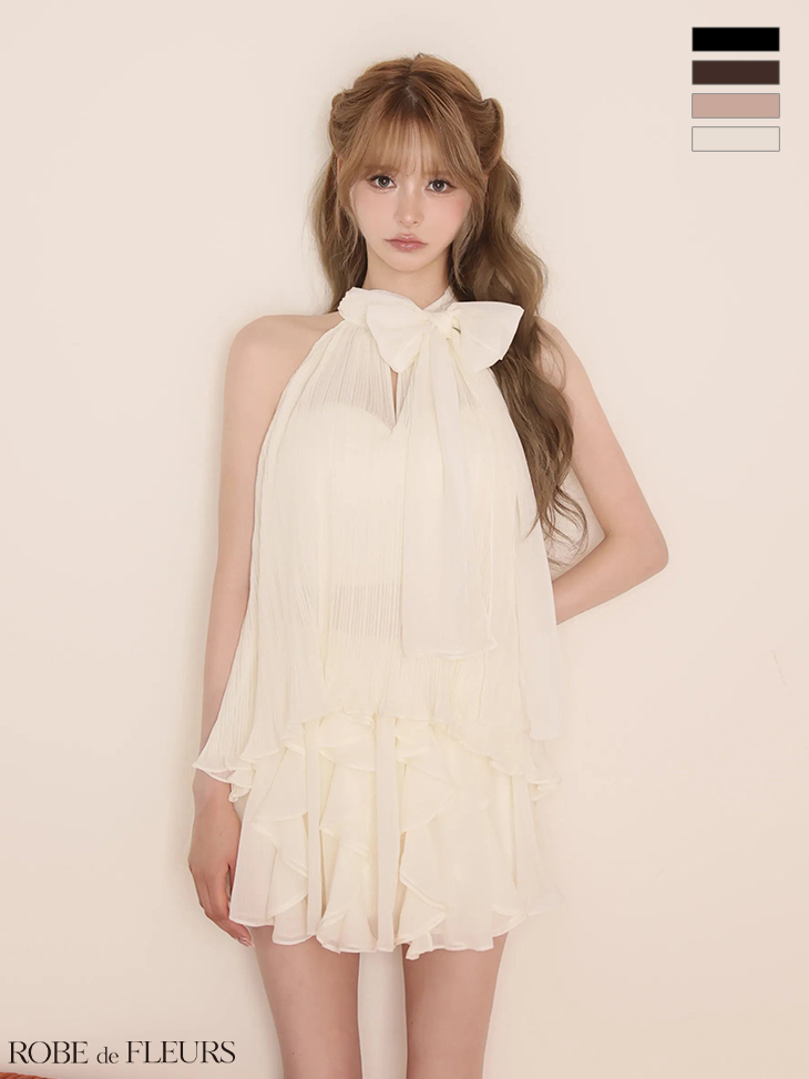 2way ホルターネック リボン プリーツシフォン セットアップ フレアミニドレス