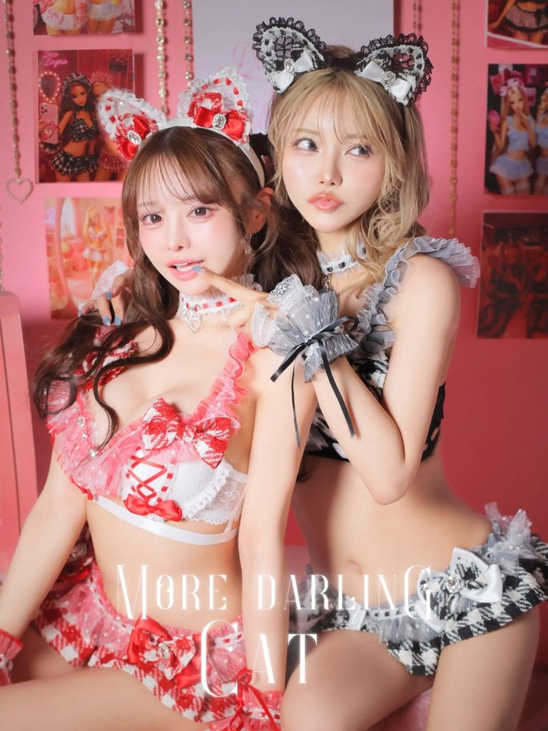 猫 フリル リボン チェック柄 ドット柄 ガーリー ツイード ランジェリー 6点セット