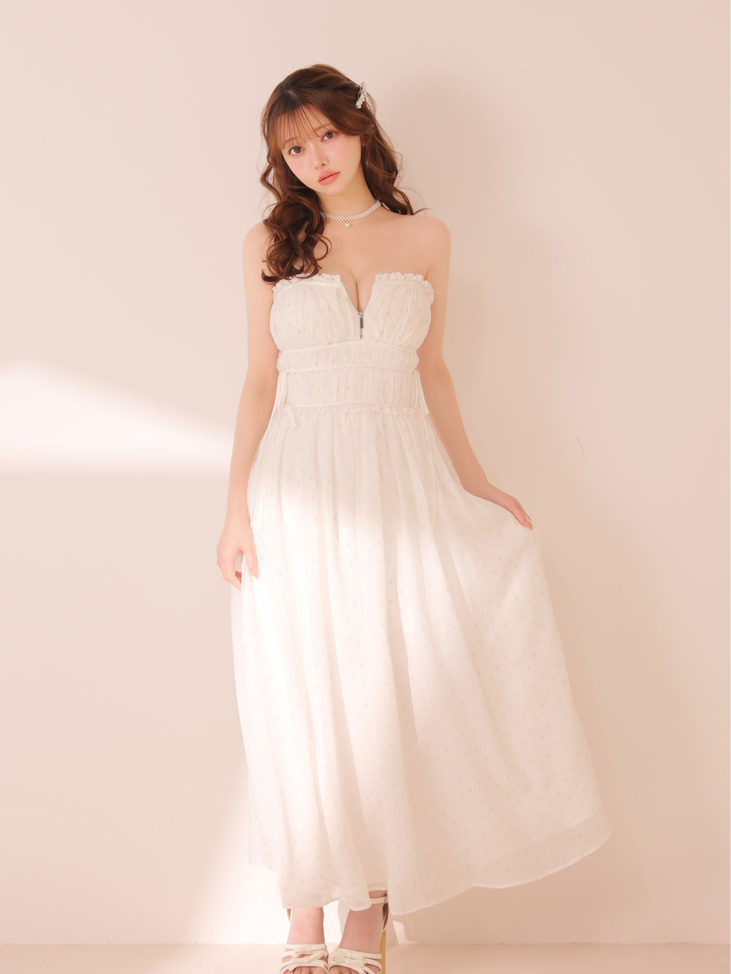 2way ベアトップ キャミソール サイドリボン ジップデザイン ギャザー チェック柄 シフォン ドット柄 ラメ Aラインロングドレス
