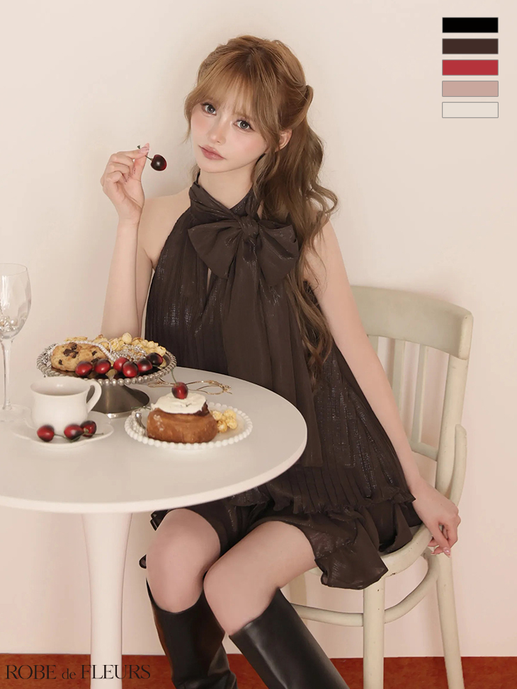 セットアップ 2way ホルターネック リボン プリーツシフォン フレアミニドレス