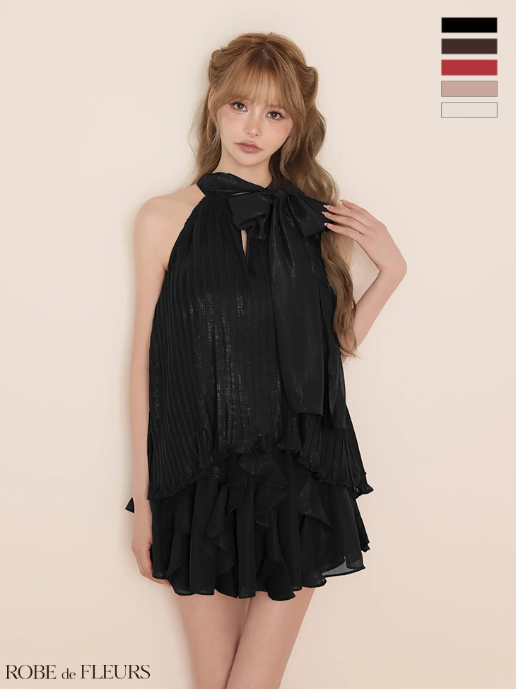 セットアップ 2way ホルターネック リボン プリーツシフォン フレアミニドレス