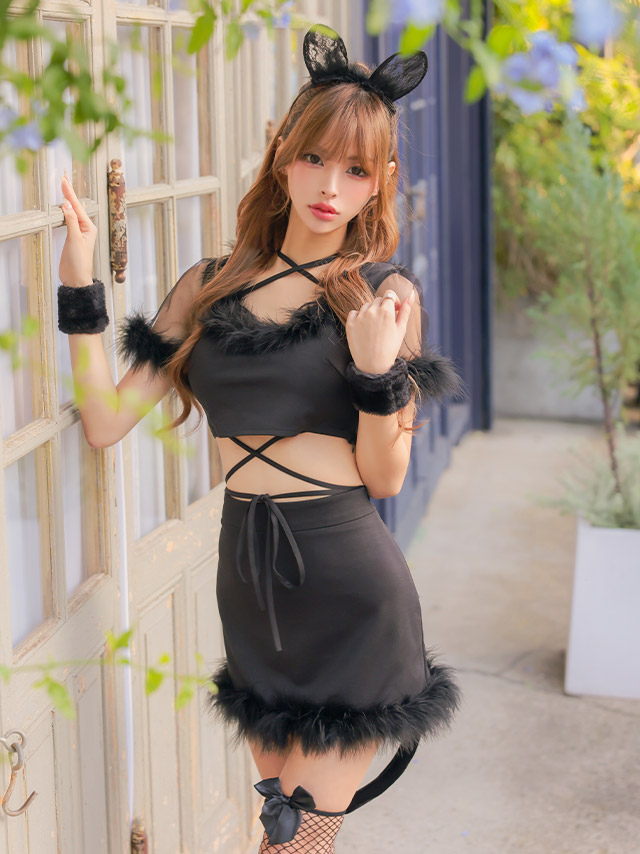黒猫 フェザー クロス コード セパレート セクシー へそ出し アニマル コスプレ衣装5点セット[トップス/スカート/カチューシャ/リストバンド/網ニーハイ]